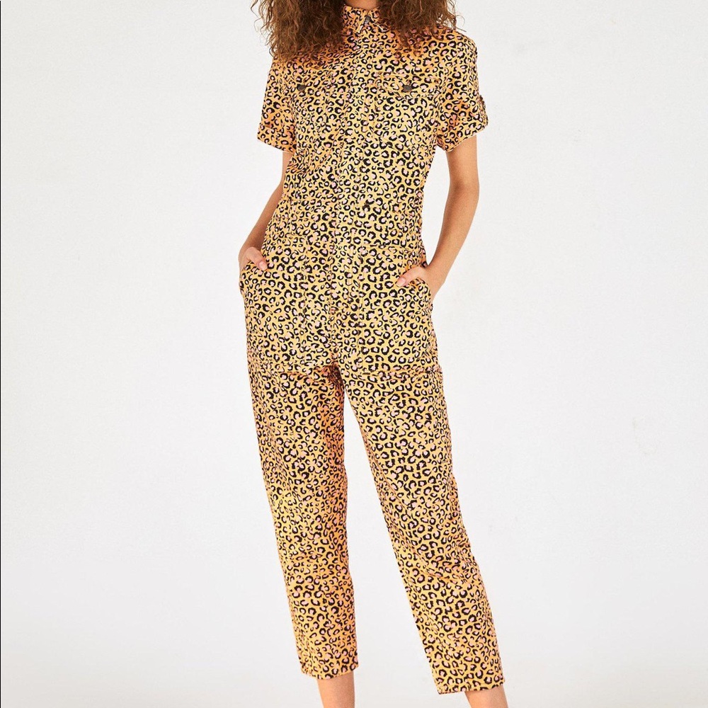 Farm Rio Leopard Pop Denim Jumpsuit size L (fits like XL)